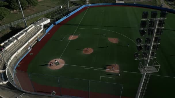 Aerial View Baseball Field People Playing Soccer Montjuic Olympic Park — Vídeos de Stock