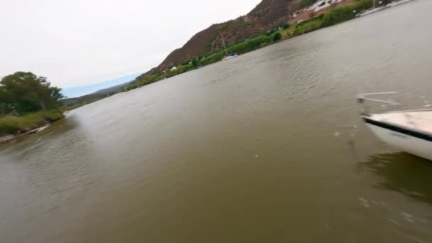Fpv Drone Shot Close Boats Crossing River Close San Lucar — Stockvideo