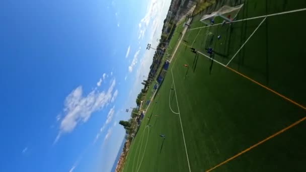 Dynamic Fpv Shot Cruising Lapoma Bike Park Football Field Catalonia — Vídeo de stock