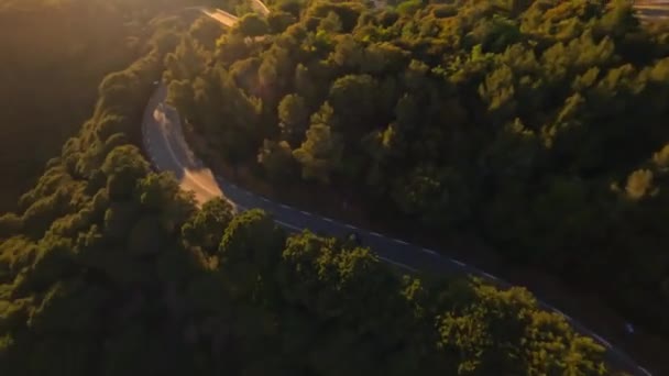 Dynamic Fpv Drone Shot Chasing Motorcycle Driving Bridge While Sunset — Stok video