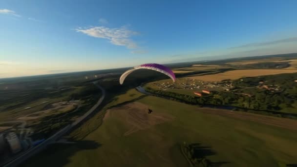 Alone Paraglider Flying Beautiful Sunset Paraglider Flying Forest Fpv Drone — Wideo stockowe
