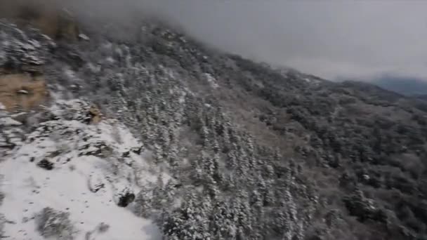 在佐治亚州拉夏市 Fpv无人驾驶飞机发射的天然砂岩沙石Sairme Pillars在白雪覆盖的岩石和树木附近的云层中飞行 高质量的4K镜头 — 图库视频影像