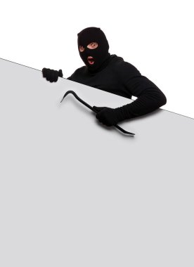 Thief in mask with crowbar on white background, free space.