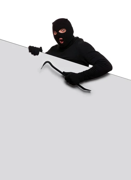 Thief Mask Crowbar White Background Free Space — Fotografia de Stock
