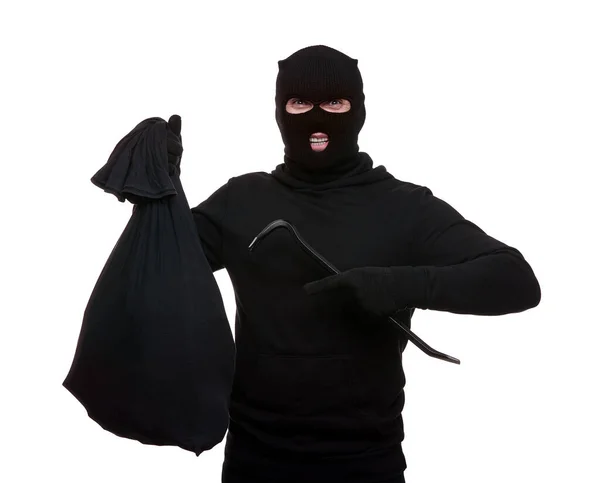Thief Mask Crowbar Bag White Background — Photo