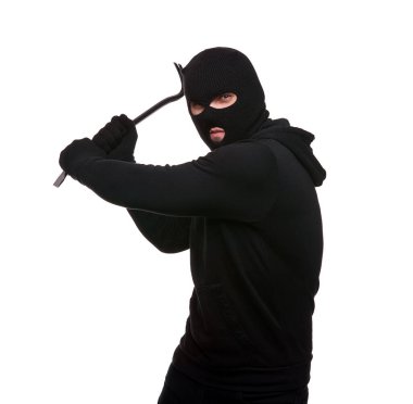 Thief in mask with crowbar on white background