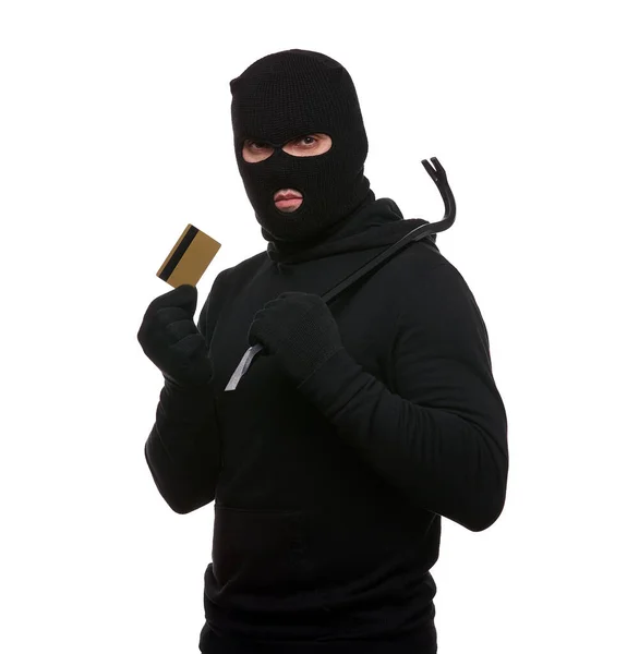 Thief Mask Crowbar Credit Card White Background — стоковое фото