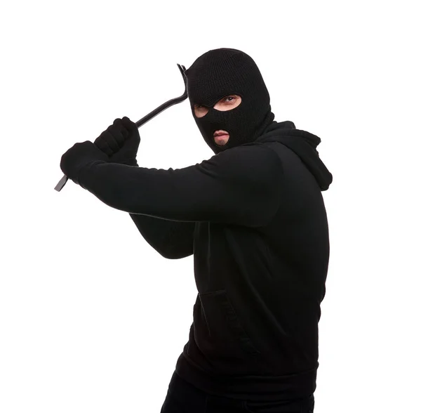 Thief Mask Crowbar White Background —  Fotos de Stock