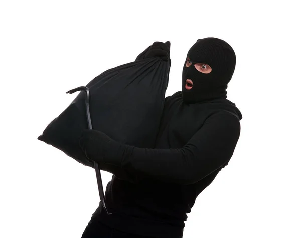 Thief Mask Crowbar Bag White Background — стоковое фото