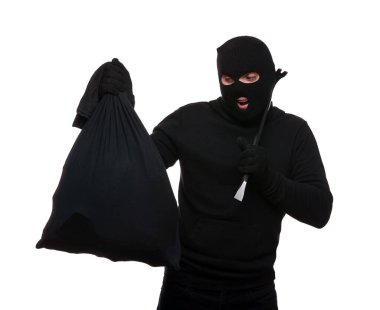Thief in mask with crowbar and bag on white background