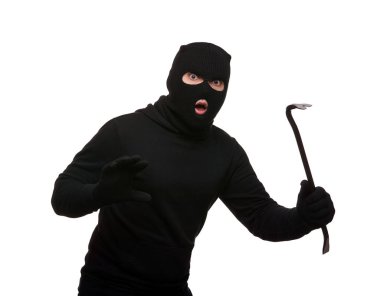 Thief in mask with crowbar on white background