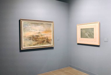 Malaga, İspanya-Ekim 2022. Malaga 'daki Picasso Müzesi. Kübizm sanatının detaylarını görebilirsiniz..