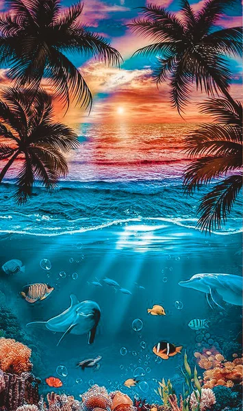 Illustration of fish world with palm tree at sunset