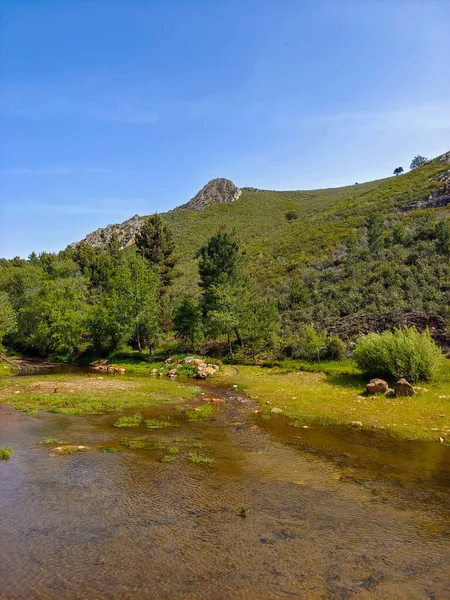 Mountains with river and flowers in Extremadura in the center of Spain in a sunny day