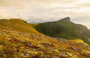 Lofoten, Norveç 'te deniz kenarındaki dağlar bulutlu bir günde