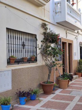 İspanya 'nın güneyinde güneşli bir günde saksıları olan bir sokak.