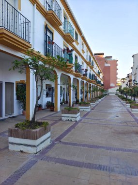 İspanya 'nın güneyinde güneşli bir günde saksıları olan bir sokak.