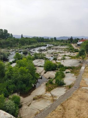 İspanya 'nın merkezindeki Tormes Nehri bulutlu bir günde bitki örtüsüyle çevrilidir.