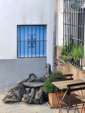 Güneşli bir günde Malaga 'nın Genalguasil şehrinde çiçekli bir cadde