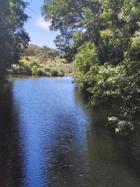 İspanya 'nın merkezinde güneşli bir günde dağlarda nehir