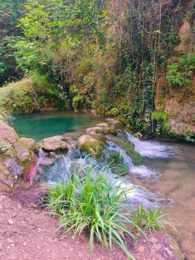 Güneşli bir günde İspanya 'nın güneyindeki bir nehirde şelale.