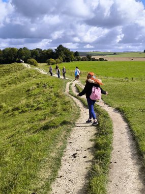 Glastonbury, Birleşik Krallık-Eylül, 12, 2024. Bulutlu bir günde çayırlarda yürüyen hacılar. İngiltere 'nin güneyindeki Glastonbury' deki ağaçları ve çiçekleri görebilirsiniz..