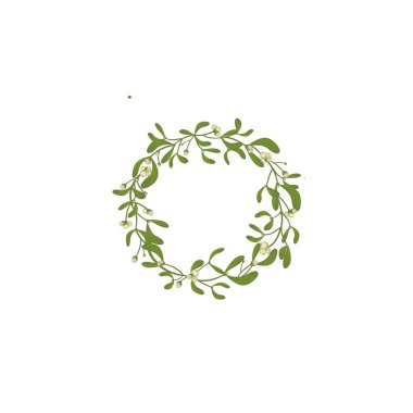 Dallı ve meyveli ökseotu çelengi. Noel ve yeni yıl için beyaz arka planda izole edilmiş bir buket.