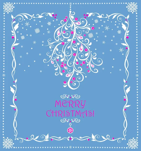 クリスマス魔法のクラフトパステルブルーグリーティングカードピンクベリーとミステリーの装飾的な束をぶら下げ — ストックベクタ