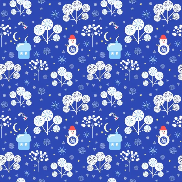 冬季无缝蓝色墙纸与抽象雪树 小有趣的房子 剪纸圣诞之星 新月形雪人 平面设计 — 图库矢量图片