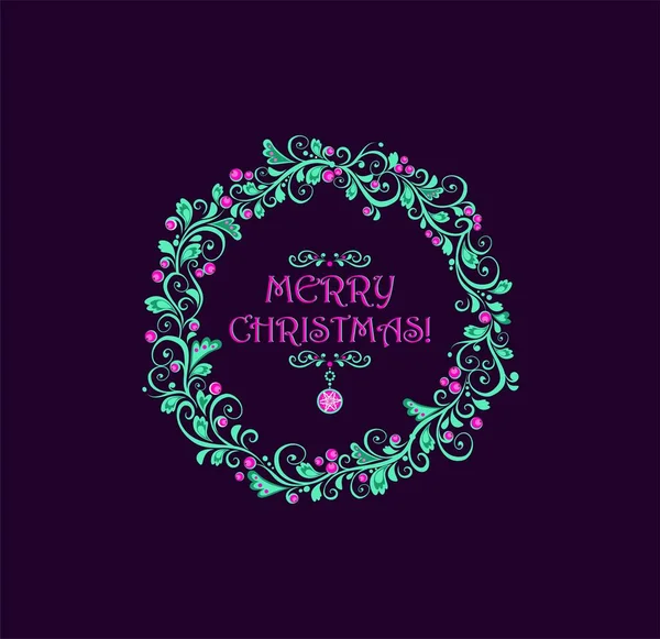 Christmas Magic Violet Greeting Card Decorative Holly Green Wreath Pink — Stock Vector