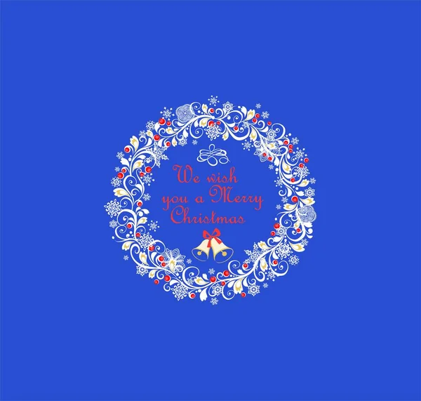 Kerst Magische Blauwe Wenskaart Met Decoratieve Hulst Maretak Witte Ambachtelijke — Stockvector