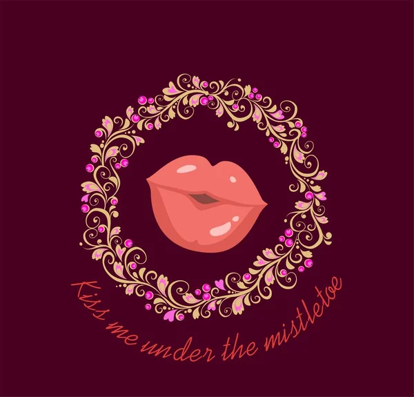 Bannière Drôle Avec Couronne Décorative Gui Lèvres Couleur Rose Embrasser — Image vectorielle