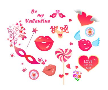 Funny stickers for Valentines day, wedding or birthday celebration. Set of candy, lips, masque, hearts, lovely birds, flowers bouquet and fly agaric