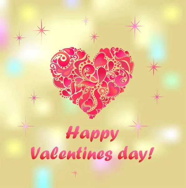2月14日の幸せなバレンタインデーの願いカードやポスターのための装飾的な赤やホットピンクのハート形と星とゴールドキラキラバナー — ストックベクタ