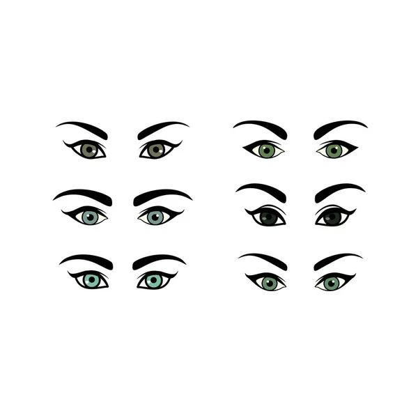 Belle Collection Yeux Femme Maquillage Vert Gris Avec Sourcil Noir — Image vectorielle