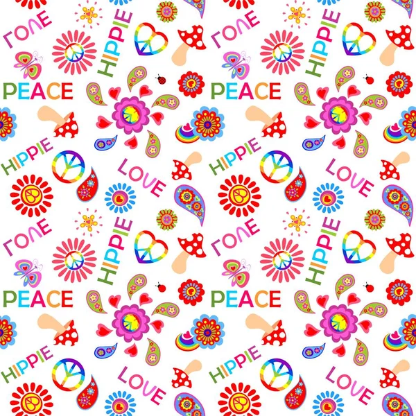 Colorful Childish Seamless Print Flower Power Hippie Peace Symbols Paisley — стоковый вектор