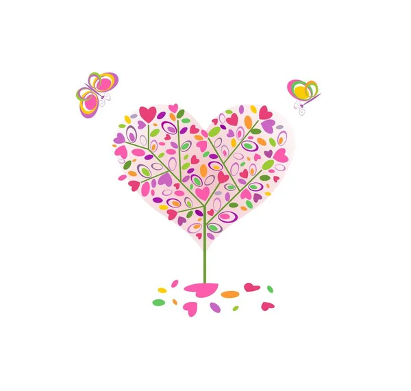 Kalp Şeklinde Komik Soyut Ağaç Sevgililer Günü Için Uçan Kelebekler — Stok Vektör