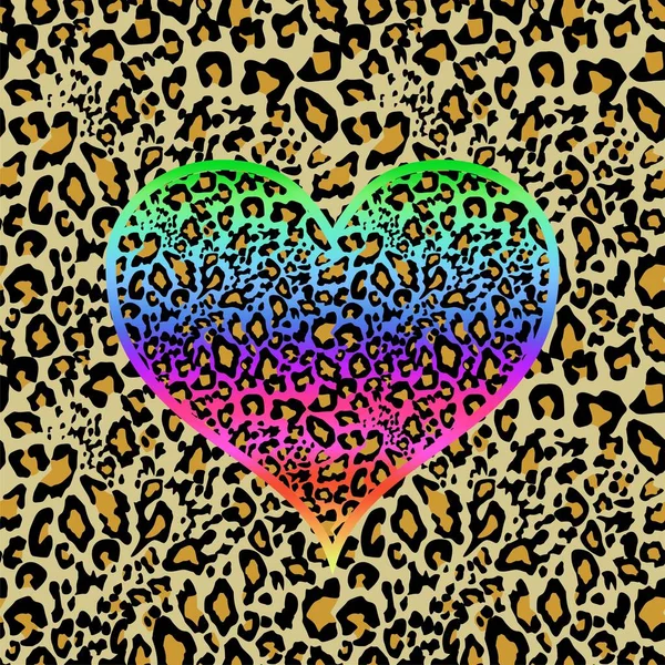 Gold and sand color jaguar, leopard, cheetah, panther animal skin seamless pattern with colorful heart shape print in rainbow color