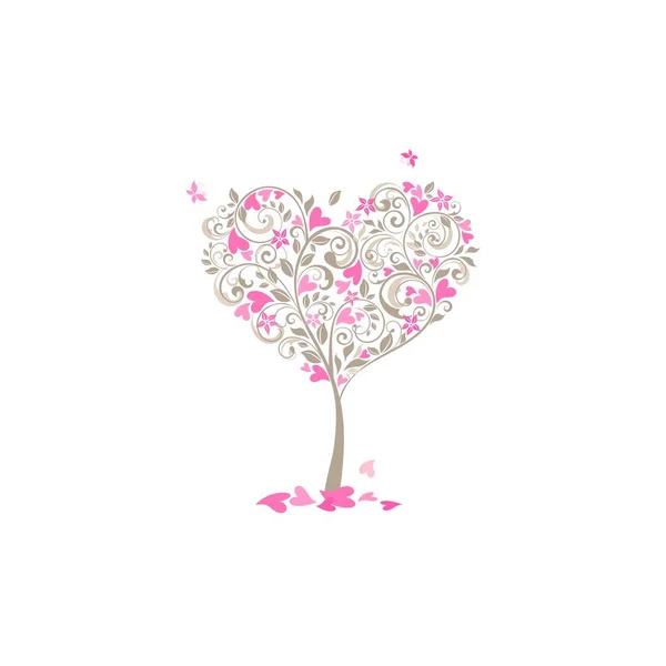 Krásný Dekorativní Kvetoucí Strom Tvaru Srdce Létající Motýli Valentýna Svatba — Stockový vektor
