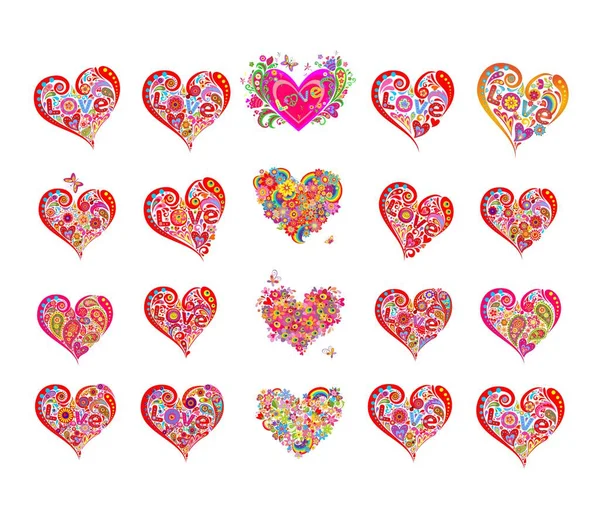 Decorative Colorful Abstract Heart Shapes Collection Hippie Style Love Word — Stock Vector