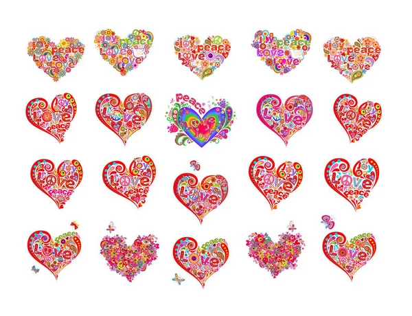 Collection Forme Coeur Pour Conception Hippie Avec Puissance Fleur Colorée — Image vectorielle