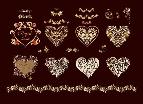 Золотые Украшенные Декоративные Сердца Коллекция Цветочным Винтажным Узором Свадебного Приглашения — стоковый вектор