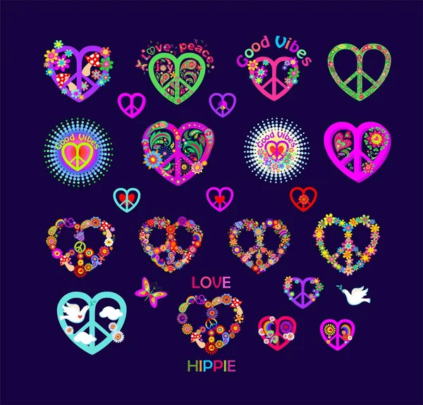 Знак Мира Набор Сбор Форме Сердца Символ Хиппи Плаката Рубашки — стоковый вектор