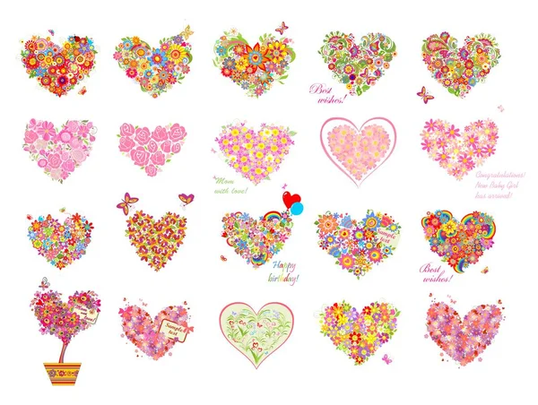 Blumenstrauß Kollektion Herzform Für Baby Mädchen Ankunftsgrußkarte Geburtstagsgruß Muttertag Hochzeitseinladungen — Stockvektor