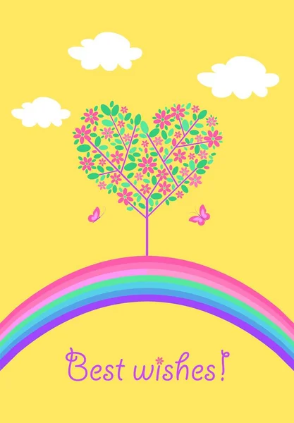 用日本风格的孩子气贴花的黄色卡片 开着樱桃树或苹果树 还有剪纸彩虹 第2部分 — 图库照片