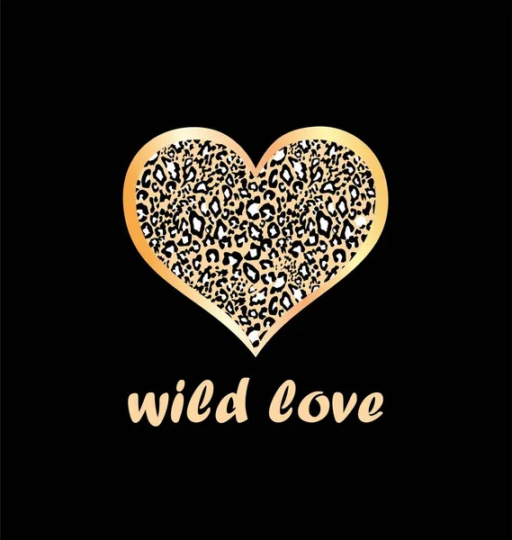 stock vector Gold shirt leopard print in heart shape on black background and wild love lettering for hoodie, bag, fashion textile design