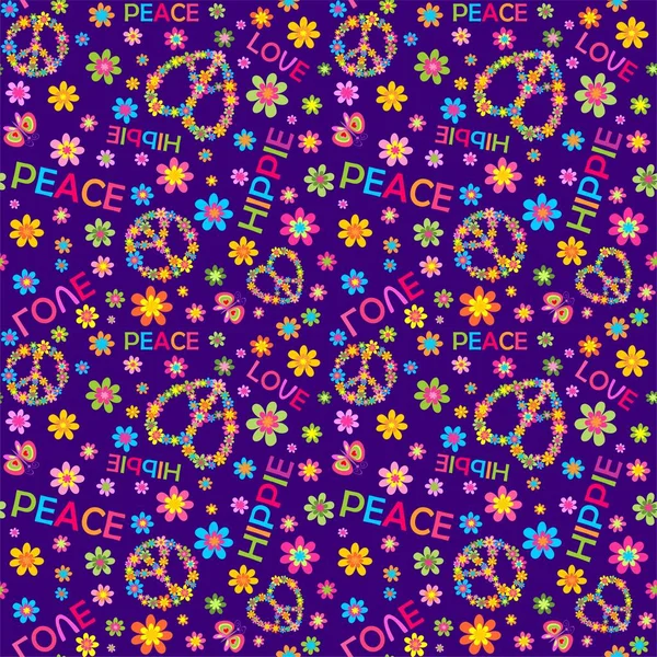 嬉皮士紫罗兰色的无缝印刷品 有花朵的力量 嬉皮士的和平符号 蝴蝶和爱情 嬉皮士的文字 — 图库矢量图片