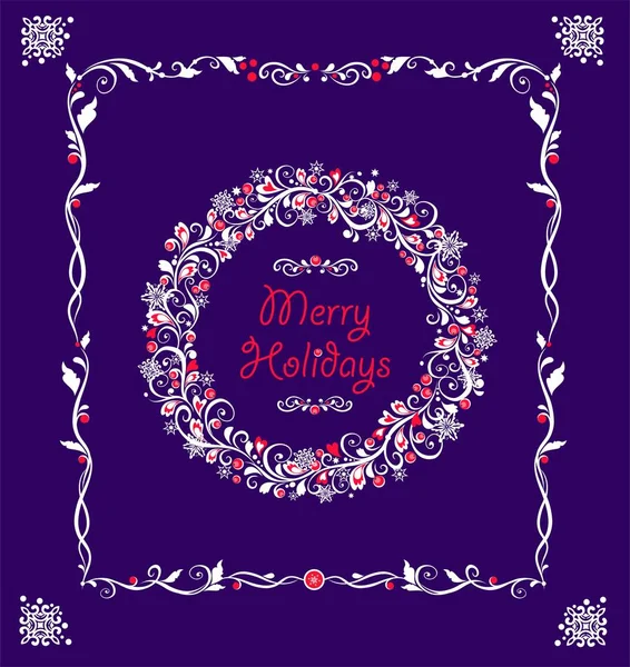 传统的圣诞贺卡 带有剪纸装饰花环的寄生 雪片和紫色背景的红色浆果 圣诞及新年假期的古董图解 — 图库矢量图片#