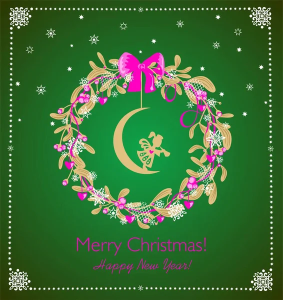 绿绿的圣诞贺卡 饰有金黄色的鳄寄生花环 月亮上的小天使 粉色的浆果和红心 — 图库矢量图片#