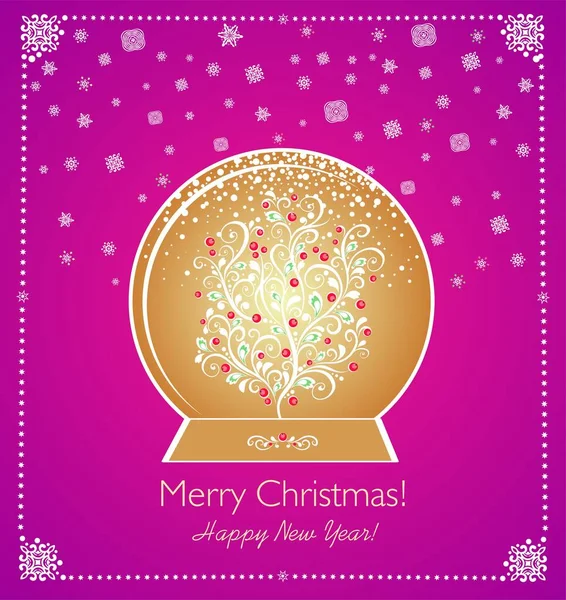 圣诞工艺贺卡 色彩艳丽 金黄色的球面 迷人的装饰白树 红色浆果 — 图库矢量图片#